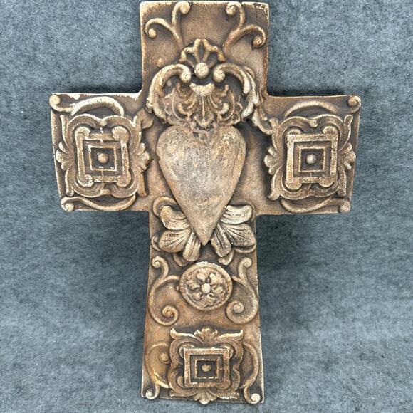 VTG Cross Heart Artstone Natural Stone Crucifix Heart Scroll Greensburg, LA USA - Picture 2 of 7